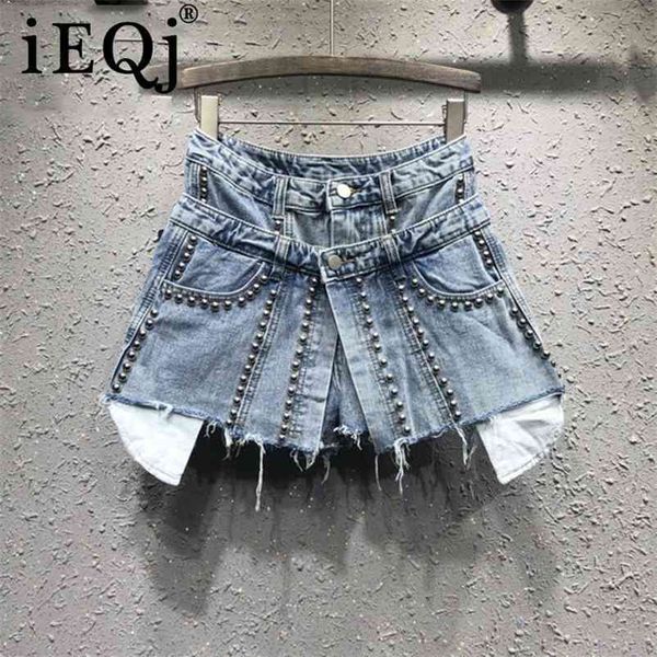 

[ieqj] spring summer patter denim patchwork fake two piece heavy work beaded edge high waist loose shorts ag02605xl 210621, White;black