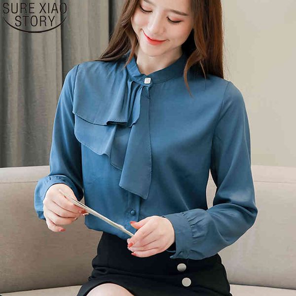 

autumn office lady long sleeve chiffon blouse solid bow collar irregular ruffles female fashion women blouses 10515 210417, White