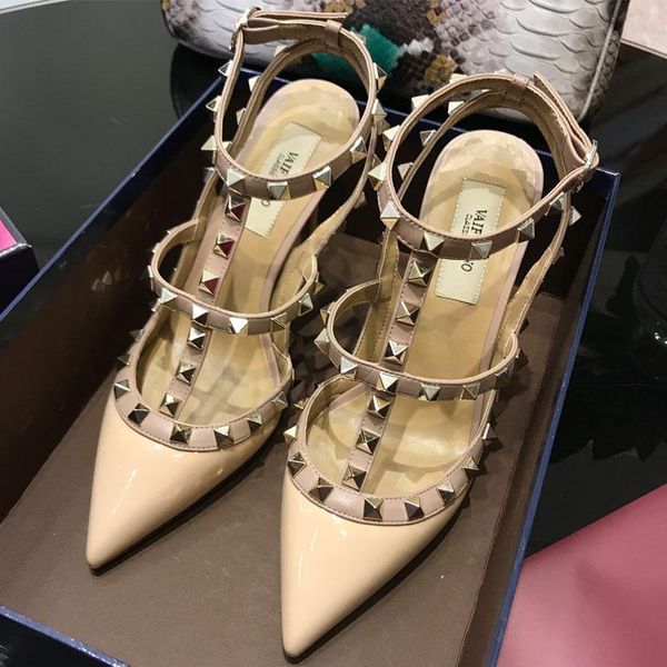 

sandals arrival 2022 rivet pointed toe high heels women's lace-up leather summer stiletto heel wedding shoes women, Black