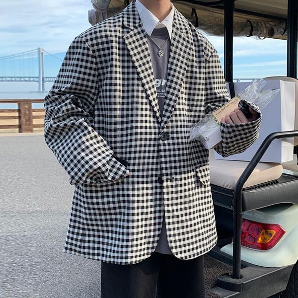 

men's suits & blazers autumn plaid blazer men fashion business society mens dress jacket korean loose long-sleeved suit formal s-2xl, White;black
