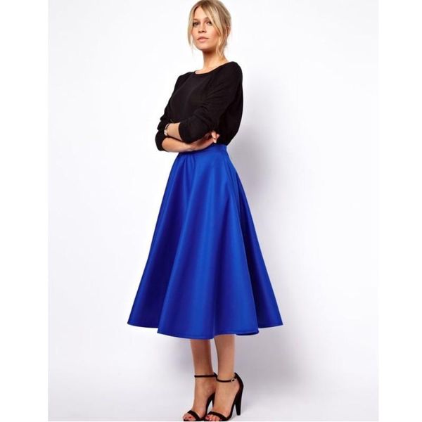 

modest royal blue tea length satin skirts for women elegant office lady skirt female saias custom made bottom, Black