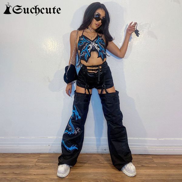 

women's jumpsuits & rompers goth aesthetic printed women straight pants high waist punk style hollow out trousers streetwear fashi, Black;white