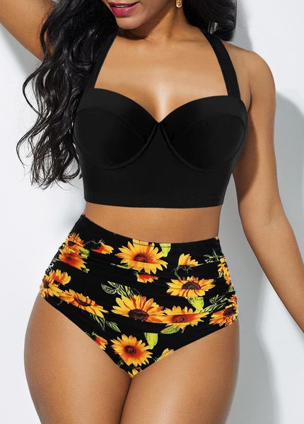 

bikini 2020 new women's sunflower printed split swimsuit, White;black