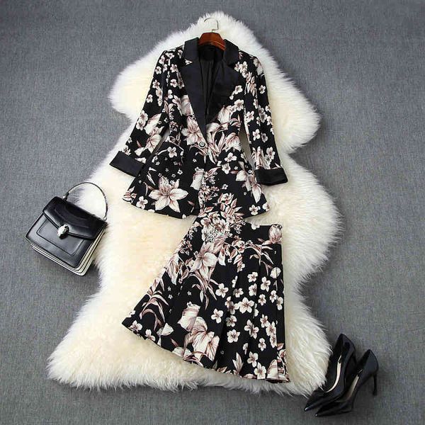 

two piece dress fall autumn 4/5 sleeve notched-lapel black floral print single-button blazers + pleated short skirt 2 s set lag1211142 wgqz, White