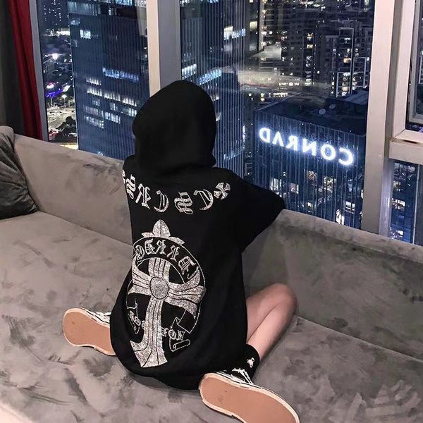 

ch croix dark wind sanskrit cross diamond hooded loose casual sweater for men and women, Black