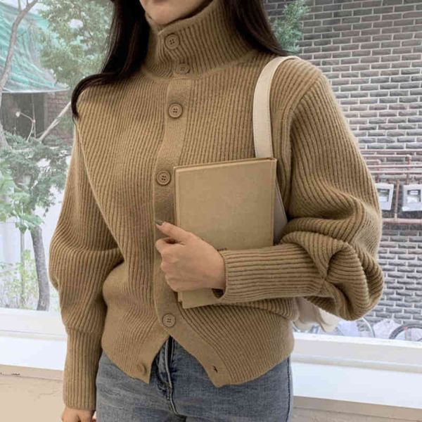 

korean single-breasted knitted cardigan coat women winter long sleeve turtleneck sweater jacket vintage fashion jumpers 210514, White;black