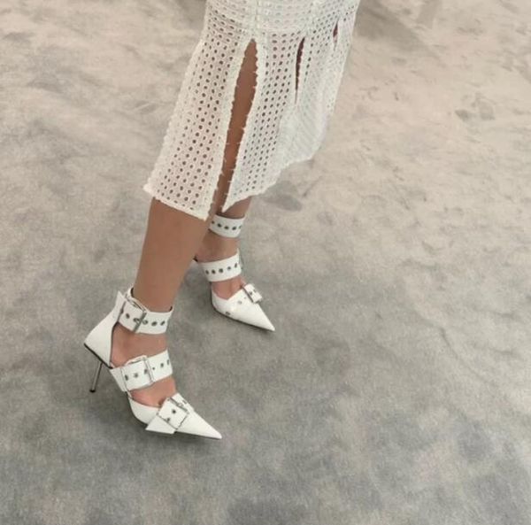 

dress shoes rome style girls white black leather 8 cm iron thin heels belt buckle pumps woman pointed toe sliver metal hole hollow out