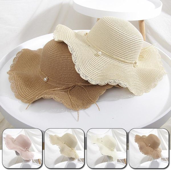 

1pcs straw hat female summer wave along the pearl bow tie big brim travel beach sunscreen sunshade s6c6049 outdoor hats, Black;white