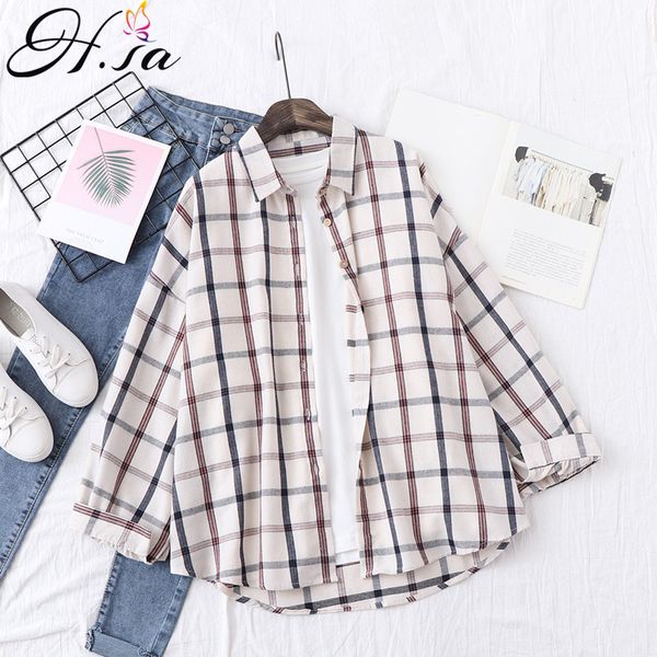 

h.sa spring women and blouses turn done collar casual plaid shirts long sleeve harajuku streetwear ladies 210417, White