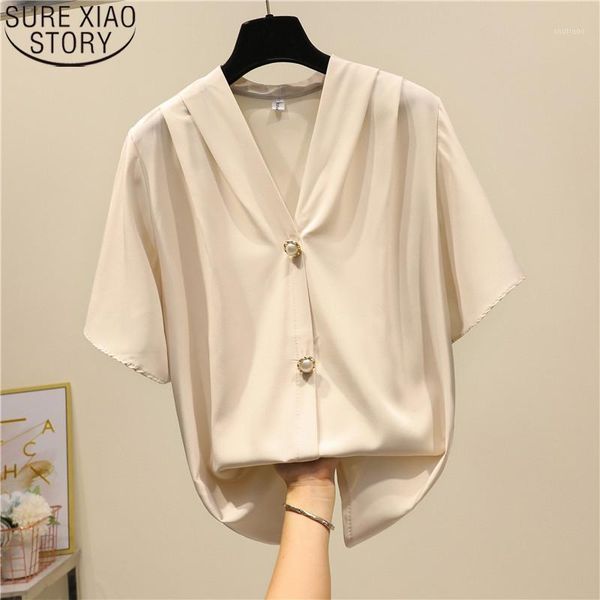 

women's blouses & shirts 2021 korean solid casual pullover women chiffon summer spring v-neck short sleeve thin 9138, White