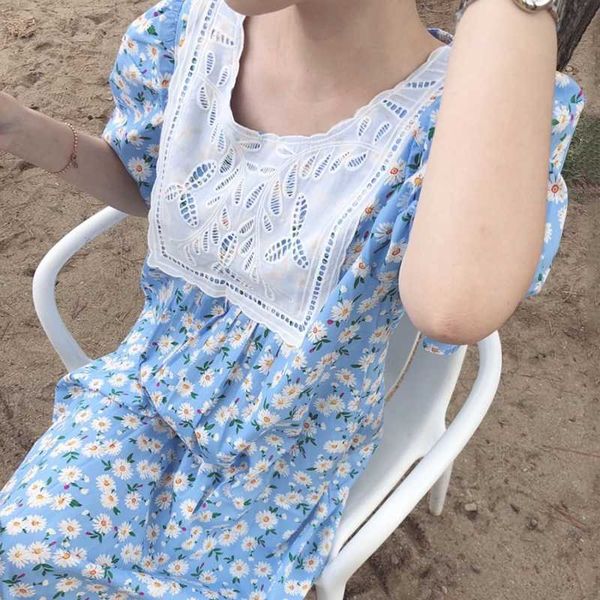 

women's knits & tees summer floral printed dress women hook flower patchwork o neck short sleeve casual vintage dresses korean st, White