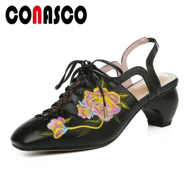 

dress shoes conasco vintage embroider lace up women pumps classic round toe strange heels sandals genuine leather party prom woman, Black