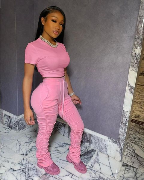 

women's tracksuits women cropped t shirt+stacked pants joggers set wholesale stacked leggings matching sets pink yellow black tracksuit, Gray