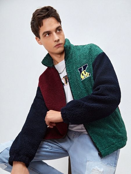 

men letter embroidery drop shoulder colorblock teddy jacket h8up#, Black;brown