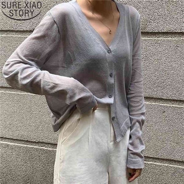 

summer women long sleeve cardigan korean cropped casual knitted v neck thin ice silk sunscreen shirt blusas 13482 210417, White