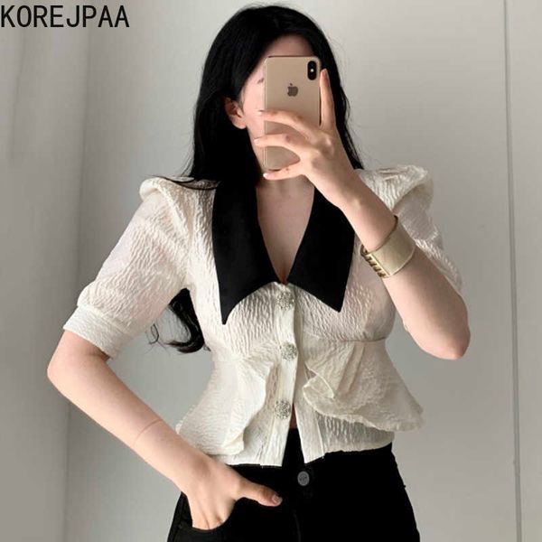 

korejpaa women shirt summer korean chic niche retro lapel color-blocking three-button ruffled texture puff sleeve blouses 210526, White