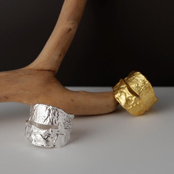

europe exaggerated simplicity s925 sterling silver texture ring female opening double-layer wrinkle index finger cluster rings, Golden;silver