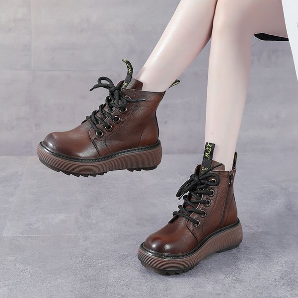 

autumn and winter british style leather lace up thick bottom slope heel short layer cowhide knight boots side zipper martin, Black
