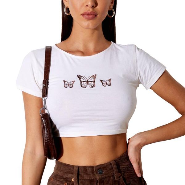

women's t-shirt women fashion butterfly embroidery crop stylish short sleeve round neck, White