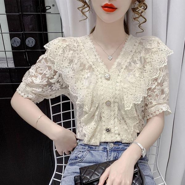 

women's blouses & shirts 2021 summer french style v-neck short sleeve loose lace chiffon shirt bottoming women, White