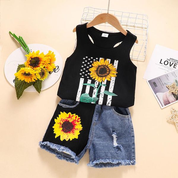 

clothing sets baby girl clothes toddler kids summer sunflowers stripe +ripped denim shorts outfit girls outfits, White