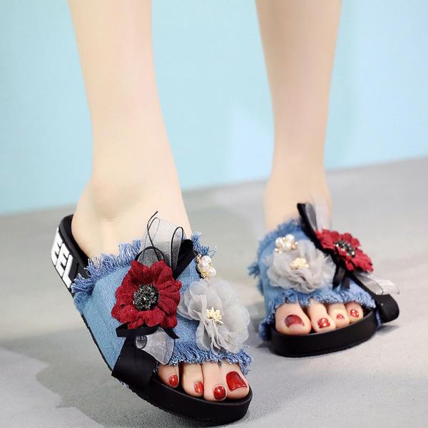 

slippers lace bow-tied camellia girls summer flats lazy wedges shoes women 2021 brand denim cool sandals flip flops mujer, Black