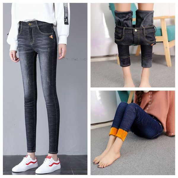 

women's jeans wkoud korean embroidery skinny thicken pencil pants washed winter warm denim trousers black fleeces p8630, Blue
