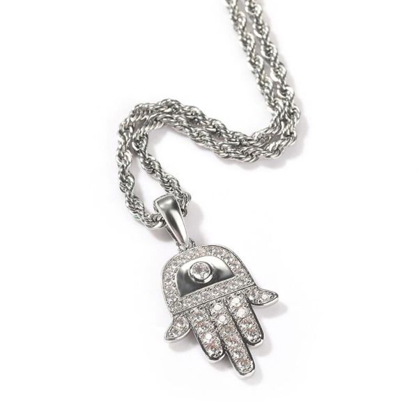 

hip hop rock cubic zirconia paved bling ice out hand of fatima pendants necklaces for men women rapper jewelry, Silver