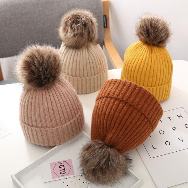 

caps & hats children winter hat cute pompom baby cap solid color knitting warm soft beanie kids boys girls hairball1, Yellow