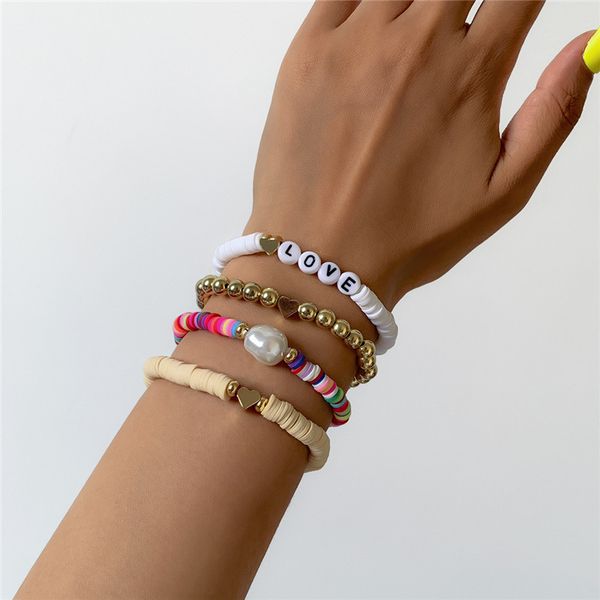 

acrylic love letter heart beaded strands bracelets vacation colorful pottery pearl hand jewelry sets european women party gift elastic brace, Black