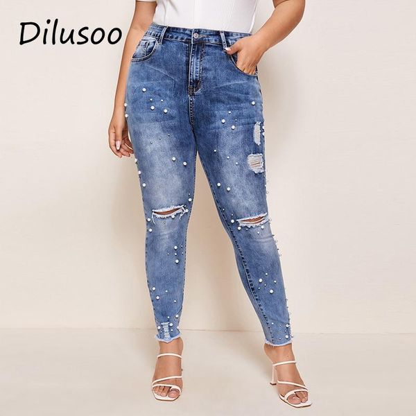 

women's jeans dilusoo women high waist pants elastic holes bead denim 4 season pencil woman plus size ripped casual, Blue