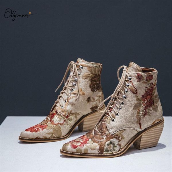 

boots ollymurs fashion style embroider women ankle pointed toe lace up chunky mid heel autumn winter shoes woman se0z, Black