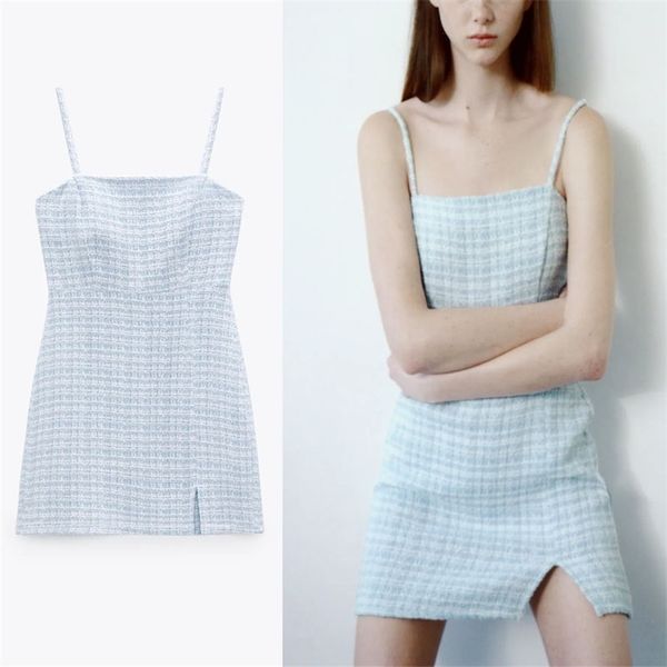 

textured plaid mini dress women sleeveless thin straps blue summer female slit hem back zip vintage tweed es 210524, Black;gray