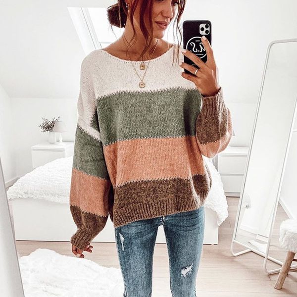 

vintage stripe sweater pullovers female casual oversized knitted jumper o neck black office sweater autumn winter 210415, White;black