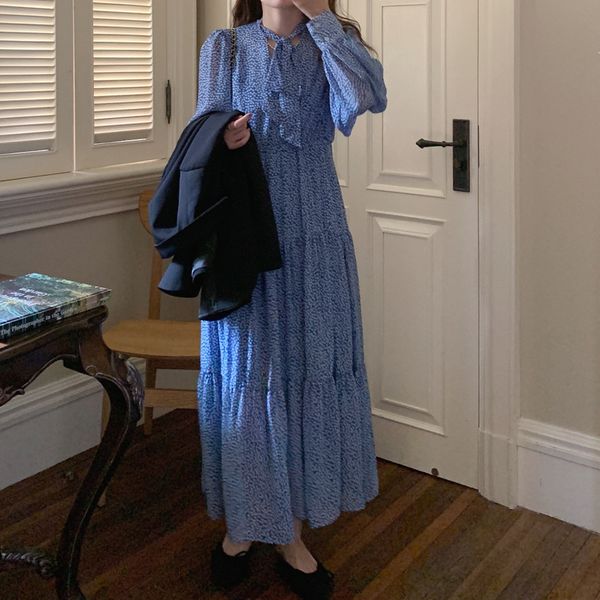 

dresses blue retro femme printed florals office lady streetwear fashion ol all match long es vestidos, Black;gray