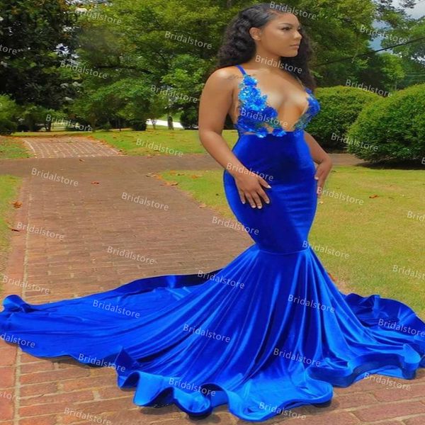 

royal blue mermaid prom dress for black girls elegant v neck backless long velvet evening dresses with train 2021 lace floral formal party g