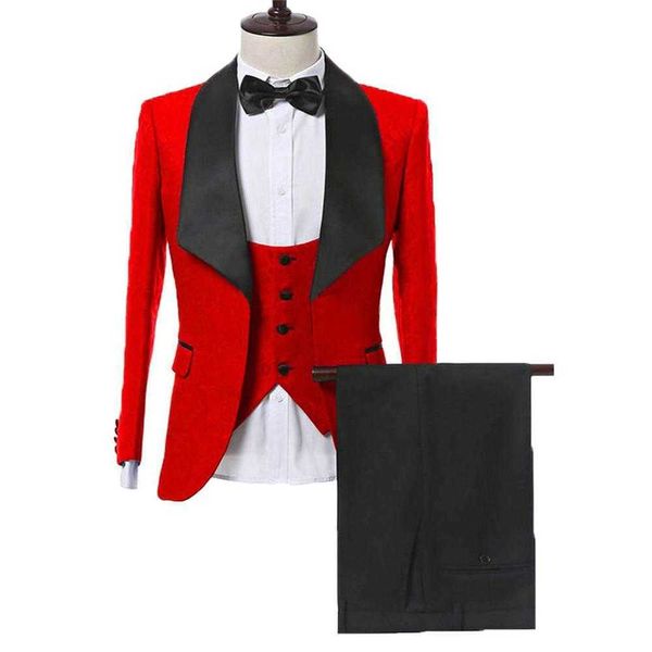 Männer Anzüge Neue Ankunft Schal Revers Trauzeuge Muster Rot Bräutigam Smoking Hochzeit/prom 3 Stück (Jacke + hosen + Weste + Krawatte) E72 X0909