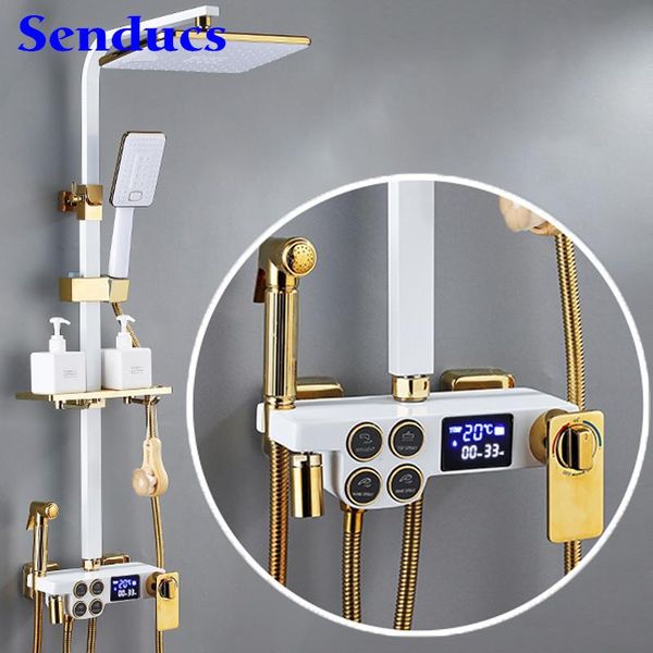 

bathroom thermostatic shower set faucets rainfall head copper brass bathtub mixer tap white gold digital sets