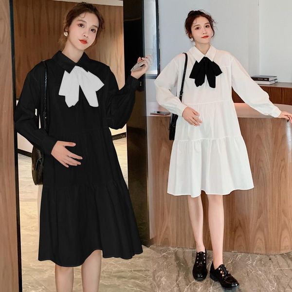 

maternity dresses 1576# clothes spring autumn long sleeve bow collar loose stylish a line dress for pregnant women mom, White