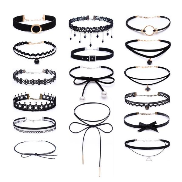 

party gothic tattoo choker necklaces set for women black lace long necklace female collier chain fashion jewelry wholesale chokers, Golden;silver