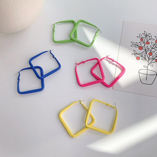 

hoop & huggie fashion geometric square exaggerated earrings for women candy color spray paint metal 2021 party jewelry gift, Golden;silver