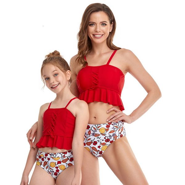 

family matching outfits summer swimsuit 2pcs sets black red green vest style bikini floral swimming trunks mother daughter e2105 6wrf, Blue