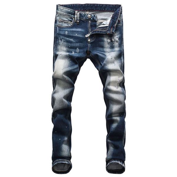 

men's jeans european american street fashion men retro blue elastic slim ripped embroidery designer hip hop denim punk pants