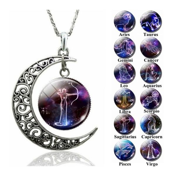 

12 constellation necklace zodiac signs glass moon pendant clavicle chain choker fashion long charm women men birthday gifts, Silver