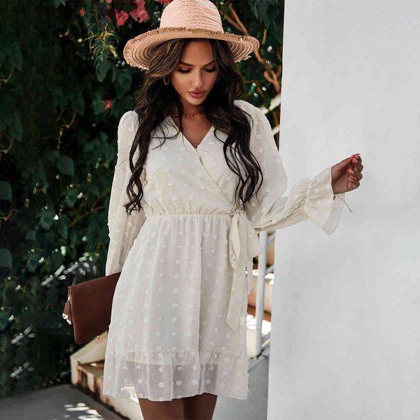 

polka dot ladies spring dress women v neck flare long sleeve short a-line chiffon dress vintage sash dress 210415, Black;gray