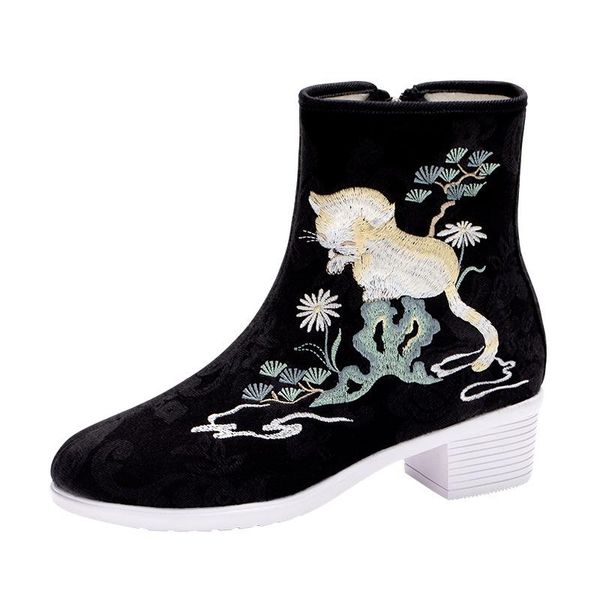 

boots women cotton short ankle ladies block heel pumps shoes female boats winter booties with zippers chinese embroidered, Black