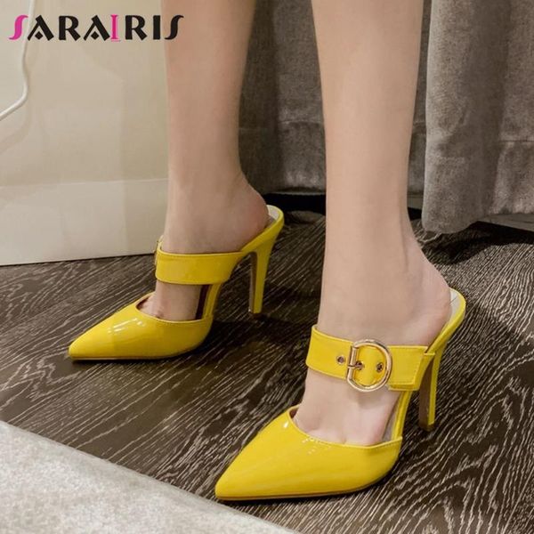 

dress shoes sarairis fashion high thin heels summer mules ins candy colors women pointed toe woman, Black