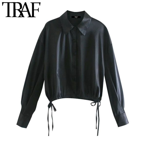 

traf women fashion with drawstrings loose cropped cozy blouses vintage long sleeve button-up female shirts chic 210415, White