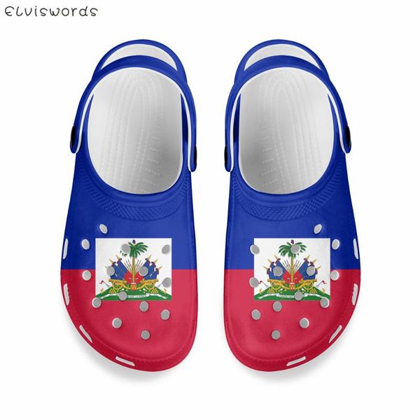 

slippers elviswords women comfortable beach sandals haiti flag design outdoor casual flats summer slipper female slip on garden shoes, Black
