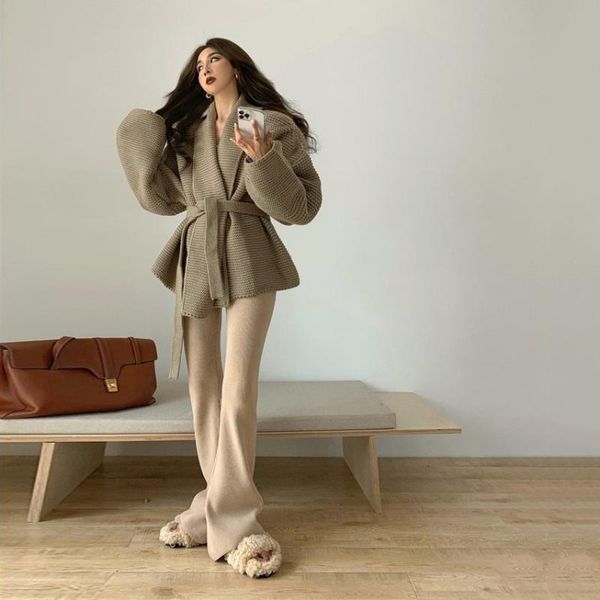 

women's two piece pants knit cardigan long sleeve sweater coat flare sets elegant jacket trousers outfits, White